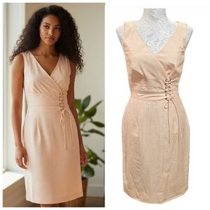 Kay Unger Womens Striped V-Neck Sleeveless Side Corset Sheath Dress Sz 2 Peach
